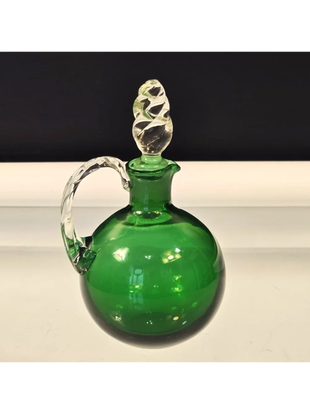 Emerald Green Art Glass Vintage Cruet 5 Inch Murano ? READ Small Flaw